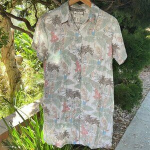 Rachel Zoe women’s Tropical Print Shirt dress w/pockets! 100%linen - beige/green